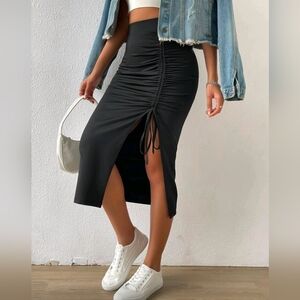 Womens High Waist Drawstring Split Thigh Ruched Skirt, Black size L